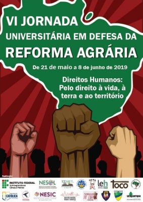 cartaz do evento, mostra o mapa do Brasil e mãos levantadas