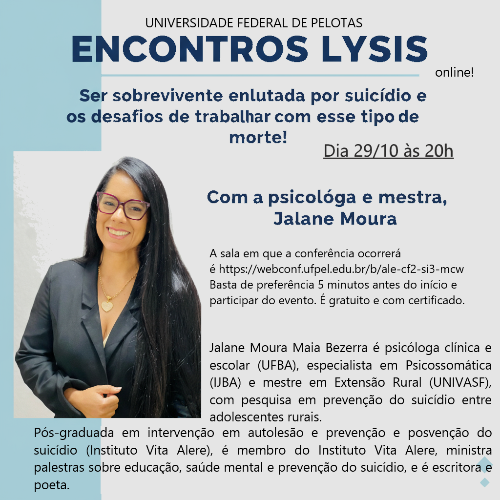 Lysis promove palestra “Ser sobrevivente enlutada por suicídio”